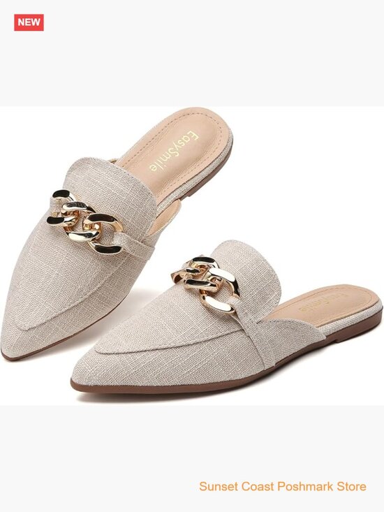 Shoes - Metal Chain Decor Flat Mules Pointed Toe Slip on Loafers Slides Backless Shoes